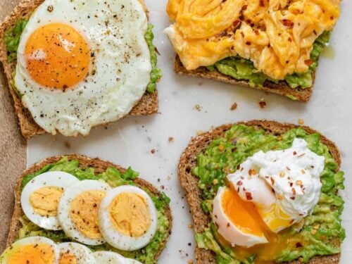 Scrambled eggs with toast and avocado
